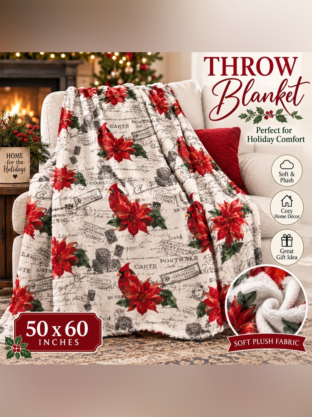 Christmas Cardinal Poinsettia Plush Throw Blanket 50x60 Red White